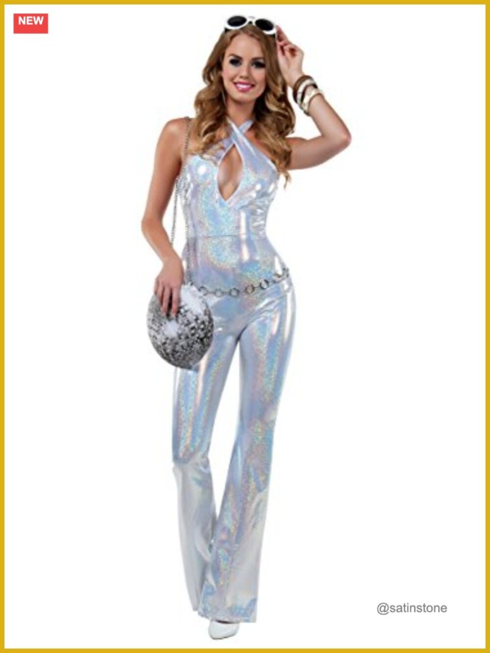 Womens Disco Honey Costume Cat Suit Belt Purse Holographic Print